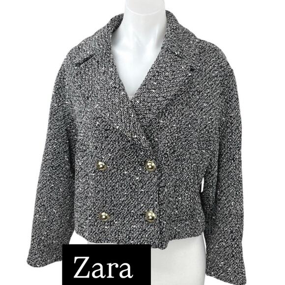 Zara Women's Black Tweed Jacket with Gold Buttons - Picture 1 of 5